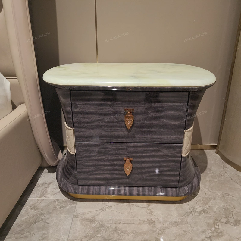 Oval Green Marble-Top Nightstand with Wavy High-Gloss Wood and Diamond-Stitched Leather Accents